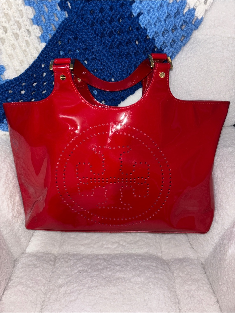 Tory Burch Red Patent Tote Handbag with Perforated Logo